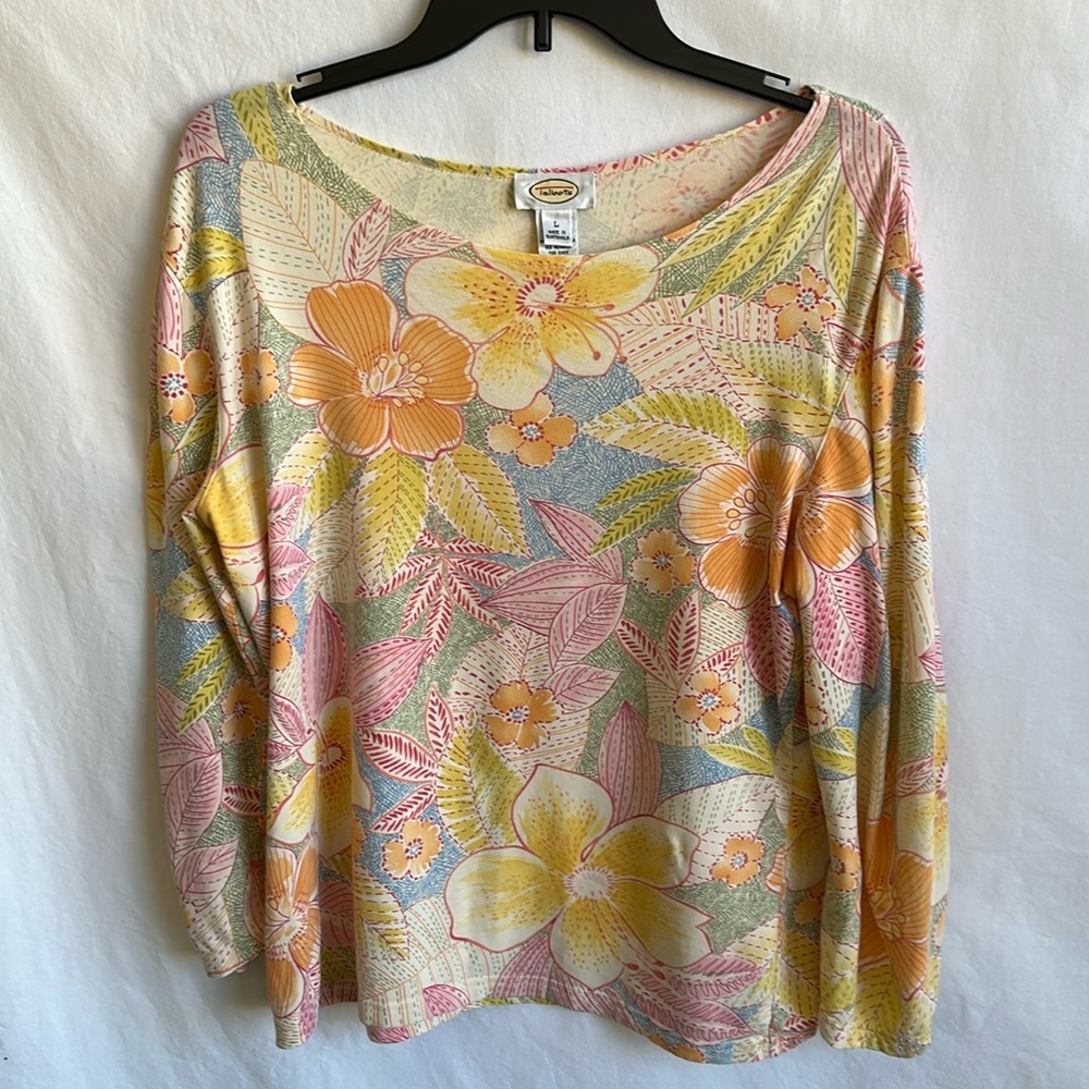 Talbots pastel floral print boatneck long sleeve top, size L